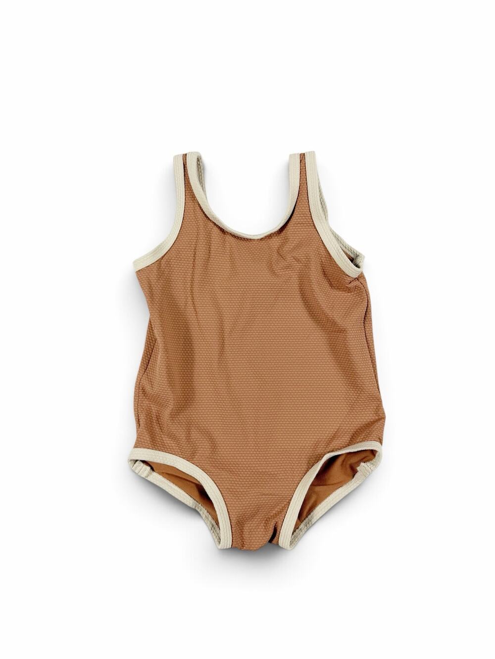H&M Toddler Textured One Piece Swimsuit Brown Cream Trim size 2 years
